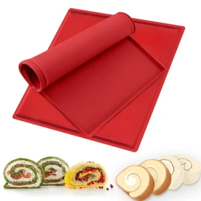 Afbeelding van Siliconen bakmat, 2 stuks antiaanbaklaag, bakplaat, rolmat, grote rol, taartmat, antislip, Swiss Roll koekjesrol, bakvorm voor koken, bakken, koekjes (rood)