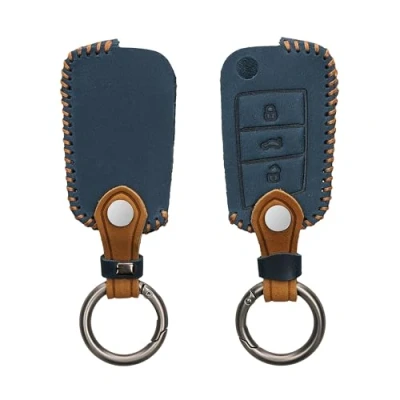 Afbeelding van kwmobile Autosleutel hoesje geschikt voor VW Golf 7 MK7 3 knops behuizing in marineblauw / lichtbruin