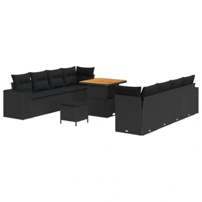 Afbeelding van vidaXL 11 delige tuinsofa set met kussens zwart poly rattan acacia, 3 tuin eetset acacia