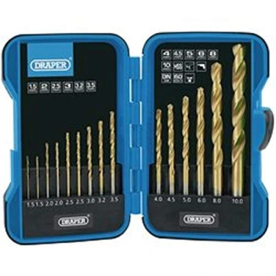 Afbeelding van Draper HSS 15 delige titanium nitride gecoate boorset 1,5 tot 10 mm metselwerkset 10/13 boorkop 135 splitpunt multifunctionele boren opvouwbare opbergkoffer 18549