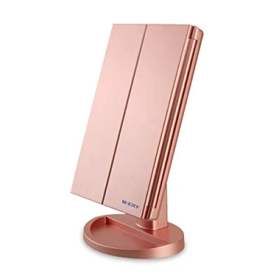 Afbeelding van Verlichte Make upspiegel 1X/2X/3X Vergroting Drievoudig met 36 LED lampjes Touchscreen en Opladen via USB, 180 Graden Verstelbare Standaard voor Aanrecht Cosmetische up Spiegel (Rose Goud)