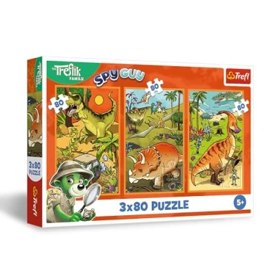 Afbeelding van Trefl Puzzel 3 in 1: The Treflik Family, de Trefliks wereld van dinosaurussen x 80 Stukjes, Set Drie Legpuzzels voor kinderen vanaf 5 jaar