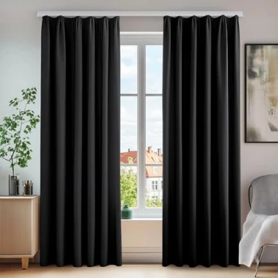 Afbeelding van Deconovo Gordijnen Verduisterend Thermisch Eenkleurig met Plooiband Kant en Klaar in Polyester Stof voor Woonkamer Halloween 2 Stuks Zwart 140x290cm