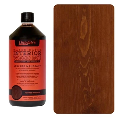 Afbeelding van Littlefair&#039;s Niet giftige houtbeits op waterbasis 1 liter dieprode mahoniehouten kleurstof voor hout binnenshuis, o.a. deuren en plinten