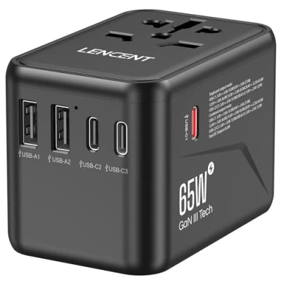 Afbeelding van LENCENT 65W Reisadapter Wereldwijd, GaN3 Snellader Universele Reisstekker met 3 PD USB C &amp; 2 A, Alles in één Internationale Stekker voor Telefoon Laptop, 200+ Landen, EU UK DE VS Type A/C/G/I