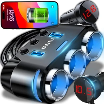 Afbeelding van Retoo Adapter voor autolader met 3 sleuven en 2 USB aansluitingen, verdeler sigarettenaansteker in de auto sleuven, LED splitter meerdere stopcontacten, oplader mobiele telefoon