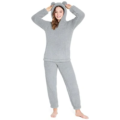 Afbeelding van CityComfort Damespyjama, nachtkleding, fleece pyjama voor vrouwen, 2 delige pluizige loungewear set, zachte warme dames en tieners, Grijs, S