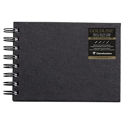 Afbeelding van Clairefontaine Ref 34259C Goldline Wirebound Pad (64 witte vellen) A6 formaat, 140gsm papier, landschap lay out zwarte omslag geschikt voor droge technieken