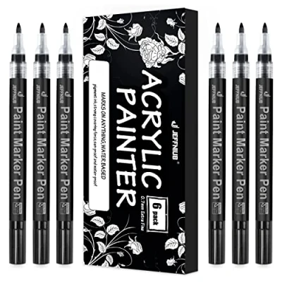 Afbeelding van 6 permanente markeerstiften, zwart, 0,7 mm punt, waterbestendig, acrylstiften, marker voor rotsschilderen, keramiek, glas, kinderen, doe het zelf sneldrogend