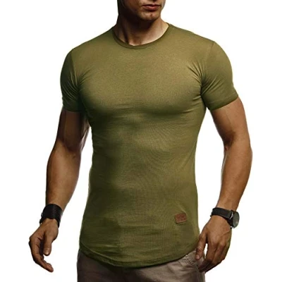 Afbeelding van Leif Nelson Zomer T shirt voor heren met ronde hals, slimfit, katoenaandeel, cool wit zwart basic shirt, korte mouwen, lang, LN8294, kaki, XXL