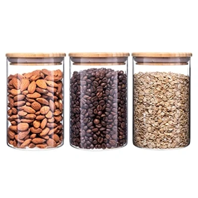 Afbeelding van Igluu Meal Prep Glazen pot met houten deksel 900 ml, set van 3 borosilicaatglas keukenopslagcontainers bamboe deksels, luchtdichte voedselopslagbus voor het bewaren pasta, ontbijtgranen,