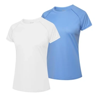 Afbeelding van MEETWEE Surf shirt voor dames, Rash Guard UV shirts, zwemmen, tankini, UPF 50+, korte mouwen, badshirt, badmode shirt, blauw en wit., L