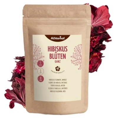 Afbeelding van hibiscus bloemen heel gedroogd 1000g licht zuur fruitige smaak eetbare bloesem zoet aromatische thee ideaal voor salades, desserts, gebak, yoghurts vom Achterhof