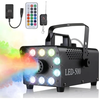 Afbeelding van MAMIZO Mistmachine mini, 500 W, rookmachine met 2 draadloze en 1 kabelgebonden afstandsbediening, 13 kleuren, 10 leds, RGB Light, voor Halloween, Kerstmis, DJ, discofeestjes