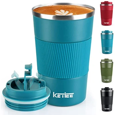 Afbeelding van Reismokken, KETIEE 380 ml geïsoleerde koffiebeker met lekvrij deksel, herbruikbare koffiebekers reisbeker, koffiemok, dubbelwandige roestvrijstalen thermische mok voor warme koude dranken, blauw