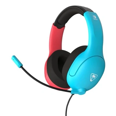 Afbeelding van Turtle Beach Airlite Fit Neon Blauw Rood Bekabelde Gamingheadset met Officiële Licentie voor Nintendo Switch, Switch Lite en OLED Opklap Dempbare Microfoon, Eersteklas Comfort Over het Oor