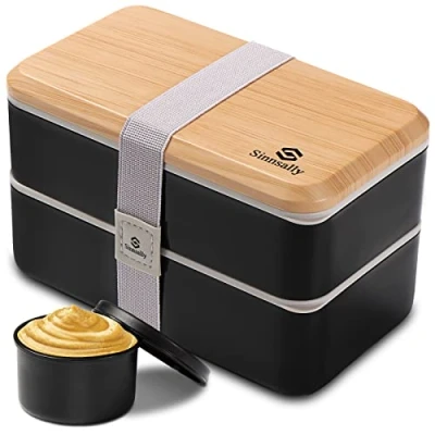 Afbeelding van Sinnsally Lunch Box Adults,1400ml Japanse Bento met vakken,Lunchbox voor Volwassenen,Lunch Container Japans Broodtrommel Bestek,Snackbox Sandwichbox Brotdose mit Fächern (Zwart)