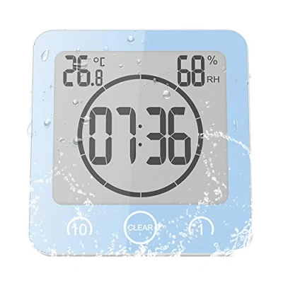 Afbeelding van Allomn Badkamerklok, digitale douchewekker met lcd scherm, waterdicht, aanraakbediening, temperatuur in C/F, luchtvochtigheid, countdown timer, 3 montagemethoden, werkt op batterij (blauw)