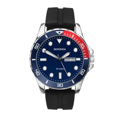 Afbeelding van Sekonda Balearic Mens 44mm Quartz Watch in Blue with Analogue Day/Date Display, and Black Rubber Strap 1580