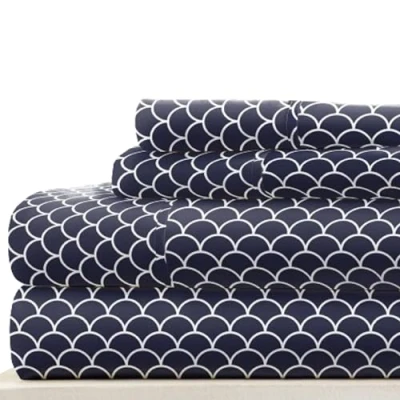 Afbeelding van Linen Market 4 delige lakenset met patroon, King, Sint jakobsschelp marineblauw