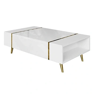 Afbeelding van lukmebel ONYX Salontafel Op Gouden Poten Hoog Met Glanzende Afwerking Onderbouw Opberger Elementen Push Open Openingssysteem Gelamineerd Board 104x60x415cm Zwart
