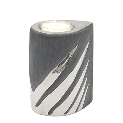Afbeelding van Dekohelden24 moderne deco designer keramiek theelichthouder in zilver grijs, afmetingen L/B/H ca. 7 x 9 11 cm., 213311, cm