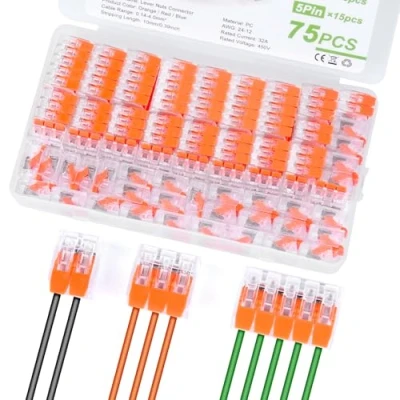 Afbeelding van YADOBIG Kabelverbinder, 75 Stuks Kabelklemmen Elektrisch Met Bedieningshendel, 4mm² Aansluitklemmen Klem, Aderklem Voor Vaste Kabels