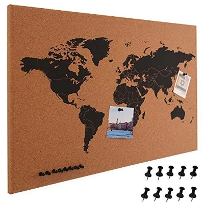 Afbeelding van BAKAJI Prikbord van kurk, landkaart, houten frame, afmetingen 60 x 40 cm, modern design met 10 punaises, cadeau idee
