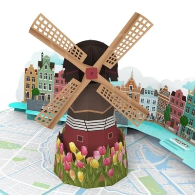 Afbeelding van MOKIO® Pop Up Kaart Windmolen, tulpen en grachten in Amsterdam 3D wenskaart voor een verjaardag, Nederland Verjaardagskaart