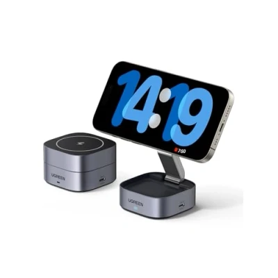 Afbeelding van UGREEN Opvouwbaar 2 in 1 iPhone oplaadstation compatibel met MagSafe draadloze oplader voor 15/15 Plus/15 Pro/15 Pro Max/14/13/12, AirPods, hoek verstelbare oplaadstandaard, 1M kabel