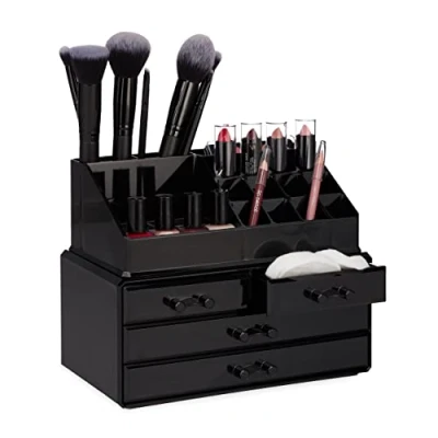 Afbeelding van Relaxdays make up organizer tweedelig cosmetica opbergdoos lippenstift houder zwart