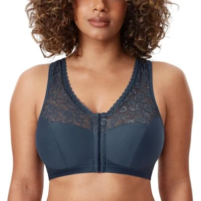 Afbeelding van DELIMIRA Dames volledig dekkende beha Met Voorsluiting Racerback Plus Maat Volledige Dekking Draadloze Bh comfortabele Lace Bh&#039;s Sargasso 85C