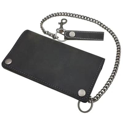 Afbeelding van myledershop Echt buffelleer liggend formaat bikerportemonnee / portemonnee met metalen ketting uitneembare kaarthouder RFID en