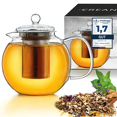 Afbeelding van Creano glazen theepot 1.3l 3 delige met geïntegreerde roestvrijstalen zeef en deksel, ideaal voor het bereiden van losse thee, druppelvrij, alles in één