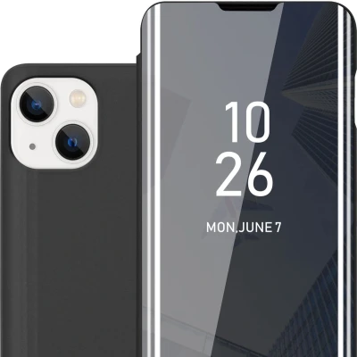 Afbeelding van Cadorabo Hoesje geschikt voor Apple iPhone 14 in TOERMALIJN ZWART Clear View Spiegel Beschermende Case met Tribunefunctie 360 Graden Bescherming Book Cover Etui