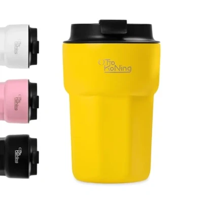 Afbeelding van Otto Koning Reisbeker 350ML, geïsoleerde koffiekop met lekvrij deksel, herbruikbare koffiekopjes voor op reis, roestvrijstalen koffiemok hete en koude koffie, water thee (Geel)
