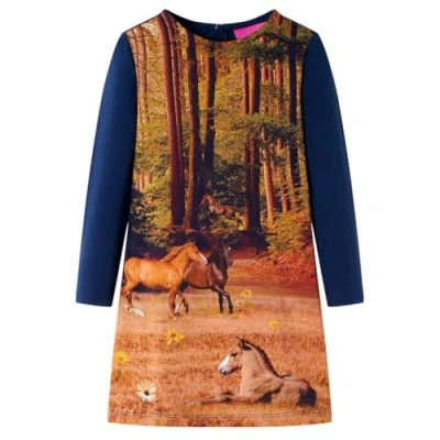 Afbeelding van Kinderjurk met lange mouwen paardenprint 116 marineblauw