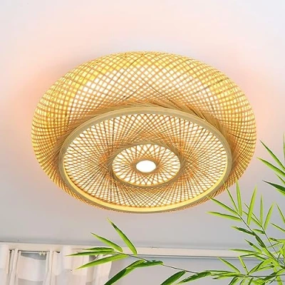 Afbeelding van Plafondlamp Bamboe Dimbare LED Met Afstandsbediening Handgeweven Natuurlijke Retro Rotan Bamboe,55W Ronde Plafond Lampen Voor Slaapkamer Woonkamer Hal,60cm