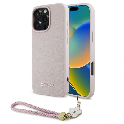 Afbeelding van Guess Hoesje Geschikt voor iPhone 16 Pro Max Met Koord Backcover MagSafe Grained Flower Charm Strap Roze