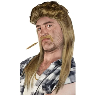 Afbeelding van SET van: Mullet Pruik + Baard Gouden Ketting Rocker Chav Proll Pimp Blond Brunette Grijs Zwart 80s 90s (Blond Ketting)