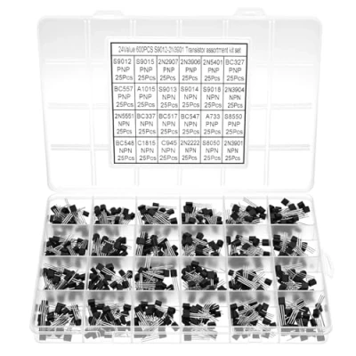 Afbeelding van QWORK® 600 stuks (24 waarden) Transistor assortiments PNP NPN transistors A1015 A733 C1815 C945 BC327 BC337 BC557 2N2222 2N2907 2N3904 2N3906 2N5401 2N5551 S9012 S9013 S9014 S9015 S9018 S8050 S8550