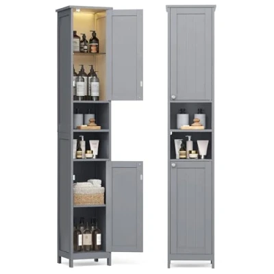 Afbeelding van VASAGLE Badkamerkast met verlichting, hoog, slanke badkamerkast, opbergkast verstelbare planken, open vakken, voor kleine ruimtes, modern, duifgrijs BBC566G03