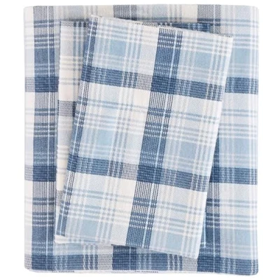 Afbeelding van Woolrich Flanellen lakenset van 100% katoen, warme zachte lakens met 35,5 cm elastische zak, cabine levensstijl, koude seizoen, gezellige beddengoedset, bijpassende kussensloop, Cal King, blauw