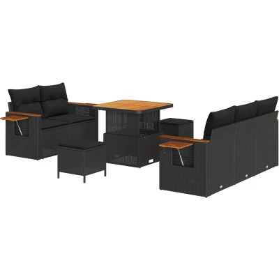 Afbeelding van vidaXL 8 delige Tuinset met Kussens Zwart Poly Rattan Acacia, 3 Tuin Eettafelset Acacia