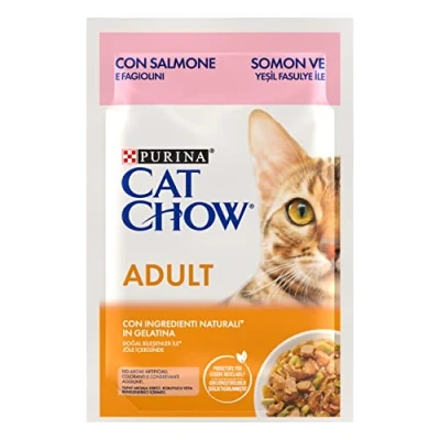 Afbeelding van Purina Cat Chow Natvoer voor volwassen katten met zalm, 26 zakjes à 85 g