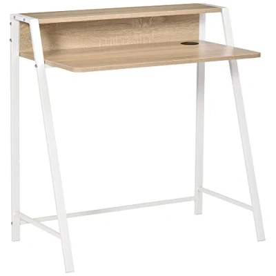 Afbeelding van HOMCOM bureau, computertafel, werktafel met kabeldoorvoer, lade, MDF metaal wit + eik 84 x 45 85 cm