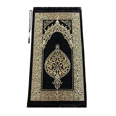 Afbeelding van Miss Tesettür gebedskleed voor moslims met gebedskralen Janamaz Sajadah zacht islamitisch islamitische geschenken gebedstapijt mat, chenillestof, zwart