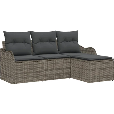 Afbeelding van vidaXL 4 Delige Tuin Sofa Set met Kussens Grijs Poly Riet, 2 Persoons Riet