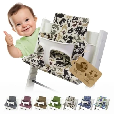 Afbeelding van Bambiniwelt Vervangende hoes, zitkussen, kussenset, stoelverkleiner compatibel met STOKKE Tripp Trapp voor kinderstoel, design (beige bruin dieren)