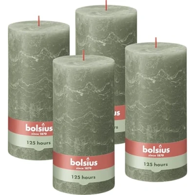 Afbeelding van Bolsius Rustieke stompkaars XXL groen 4 stuks 20 x 10 cm decoratieve huishoudelijke kaarsen lengte brandduur 125 uur geurloos bevat natuurlijke plantaardige was zonder palmolie